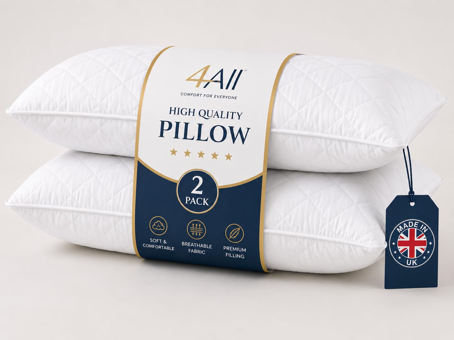 4All Pillows 2 Pack Quilted – Hotel Quality Bed Pillow, Soft & Supportive, Ideal for Side Sleepers, Neck & Shoulder Support, Fluffy Hollowfibre Filling, Made in UK (2, Quilted Pillows)
