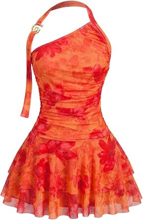 Milumia Womens Mesh Halter Mini Dress Ruffle Layered Short Dresses