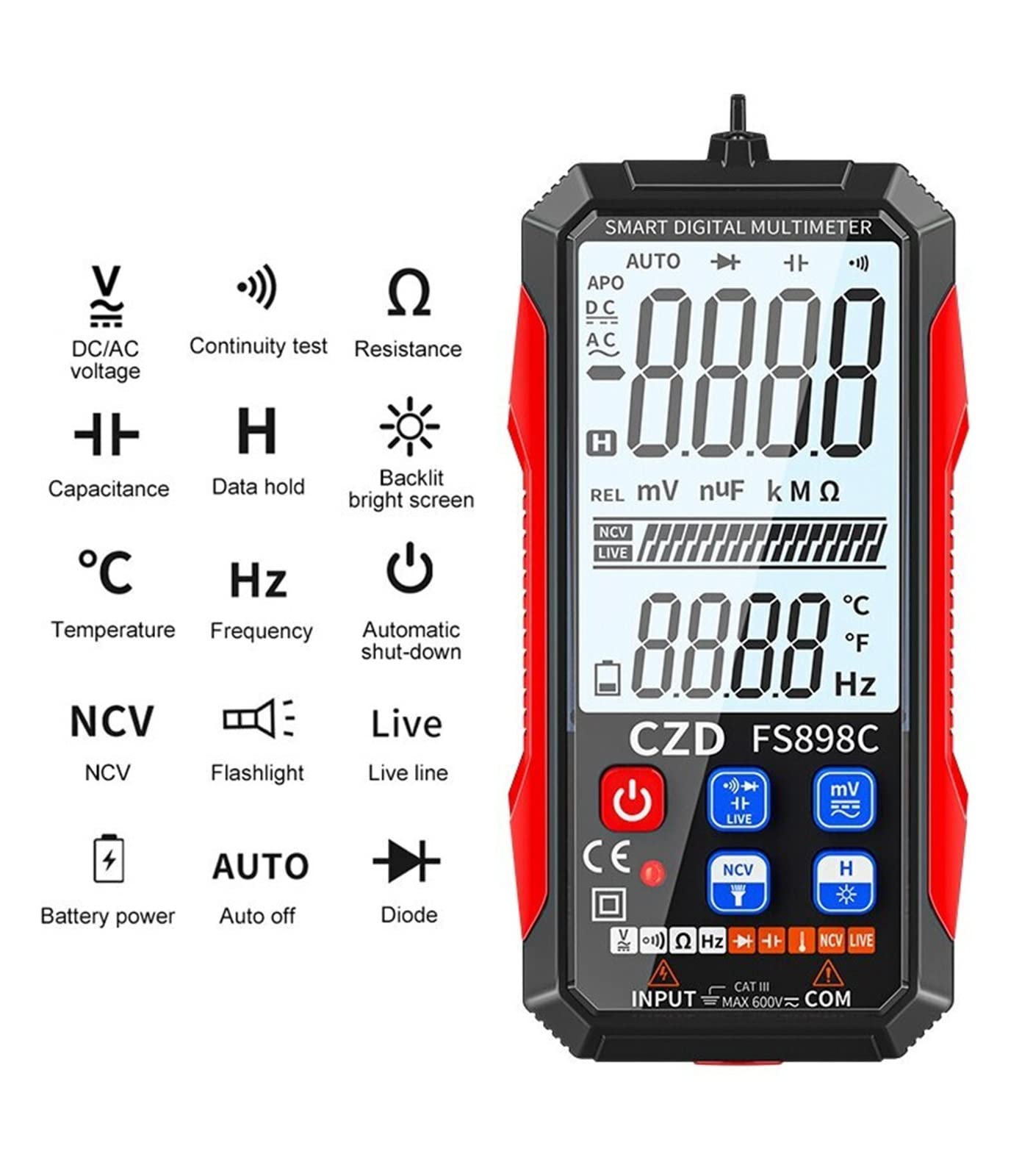 Outils de tests fonctionnels portables pour la mai Multimètre numérique rechargeable grand écran mesure automatique rétro-éclairage affichage LCD compteur de tension lampe de poche LED Test de résista