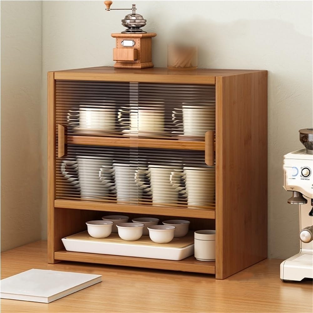 CHUOZI Coffee Mug Holder, Display Rack for Countertop, 3 Tier Shelf for Bar, Storage with Sliding Acrylic Cabinet Door, Organizer for Kitchen(Brown)
