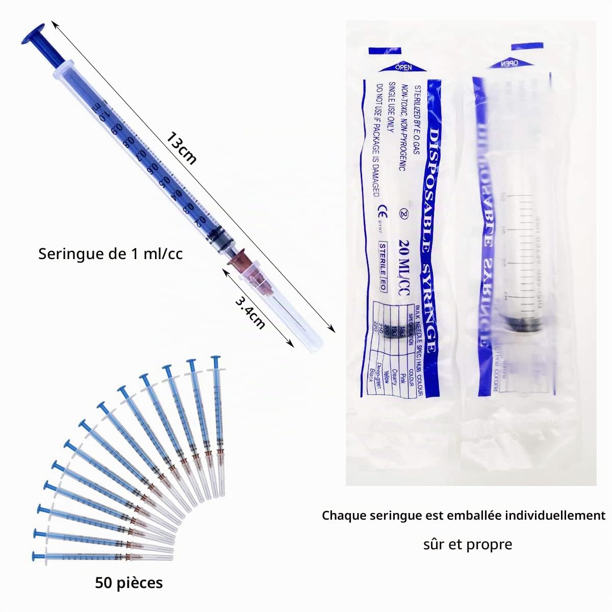 Lot de 50 tubes en plastique de 1 ml avec tête de 25 g à 25 mm - Sceau indépendant - Pour colle, encre, huile moteur, laboratoire, seringue doseuse, utilisation non médicale