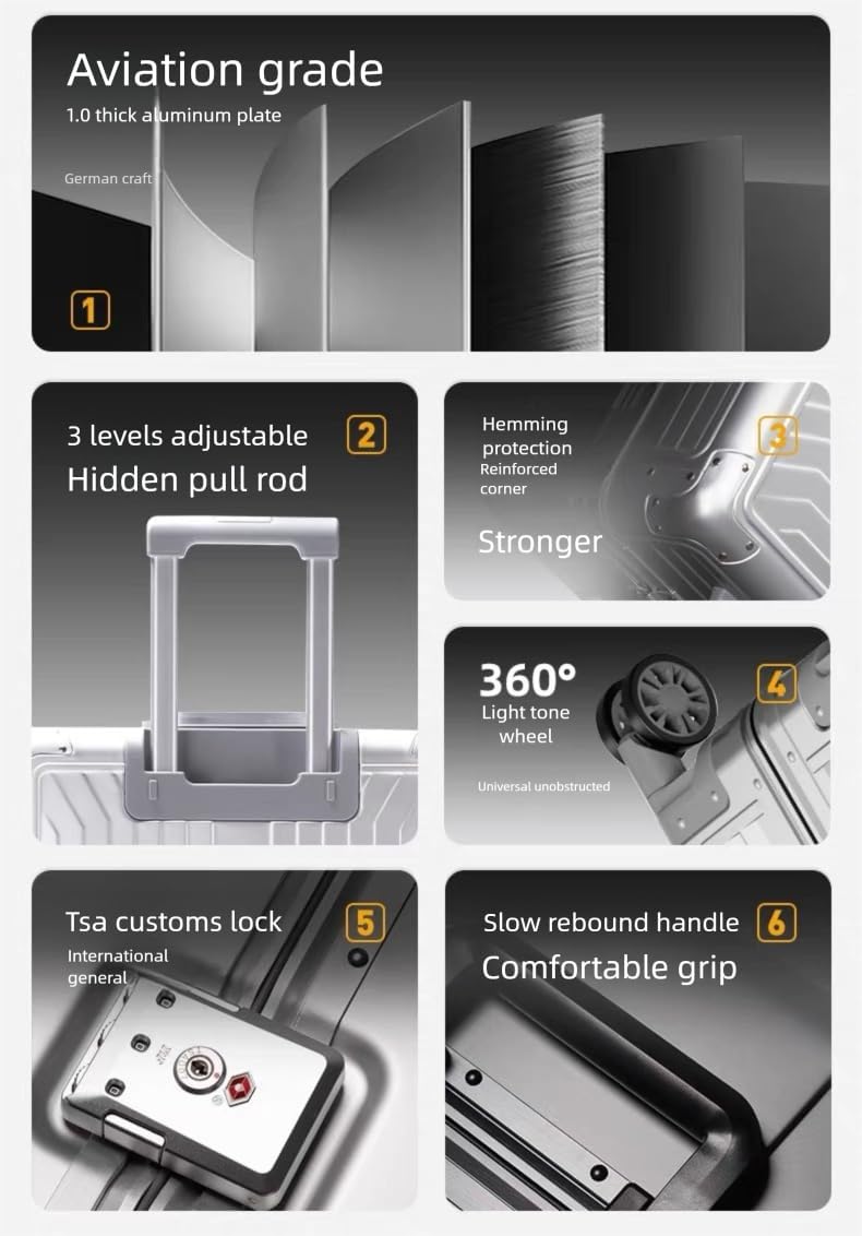 Premium Aluminum Carry On Luggage 20”, Metal Shell Zipperless Suitcase with Spinner & Removable Wheels, Airline-Approved Size 22"x14"x8.3", 9 lbs, Includes 2 Spare Wheels & TSA Lock（Silver）