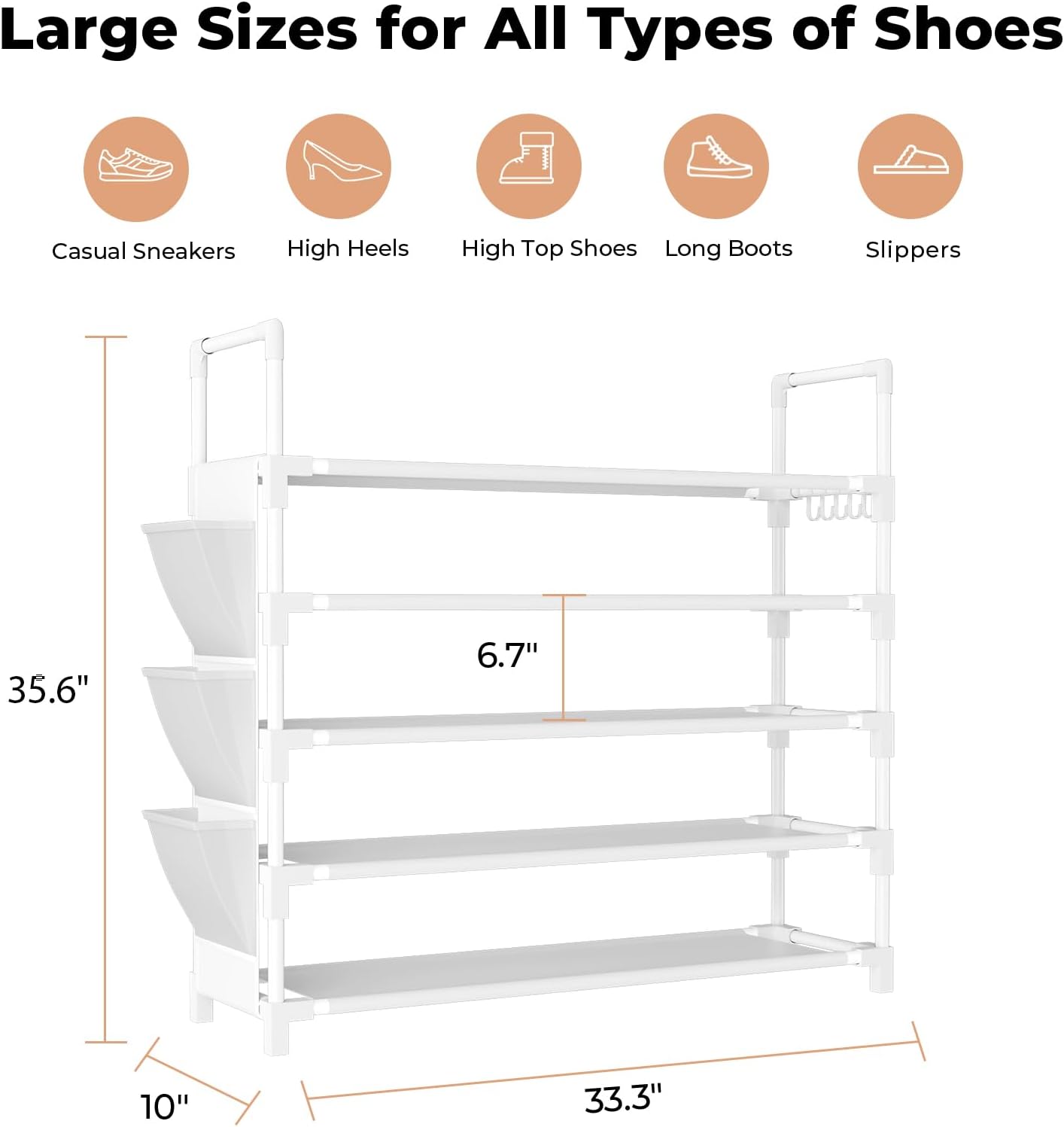 5 Tier Shoe Rack, Shoe Organizer Storage for 20-25 Pair Boot and Sneaker, Stackable Free Standing Shoe Shelf with Hooks and Side Pocket, Space Saving Shoes Rack for Closet, Entryway, White
