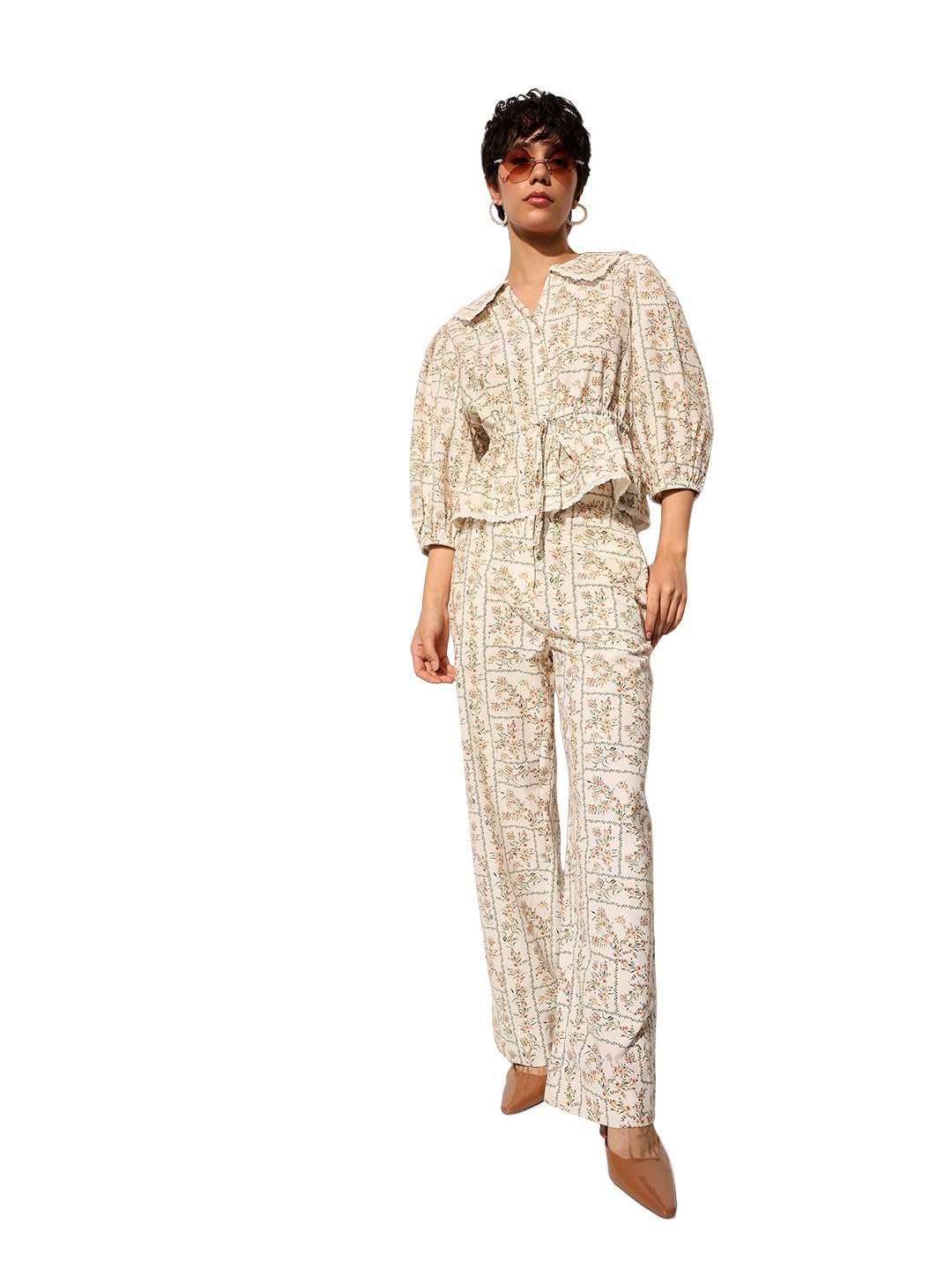 only Women's Floral Print Regular Fit Mid Rise White Co-ord Set (1 Top, 1 Trouser)-picture-15