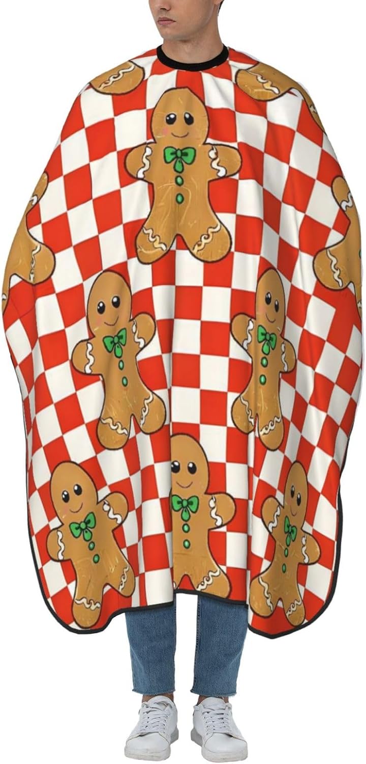 Xmas Gingerbread Men & Red White Plaids Adult Hair Cutting Cape 55x66in Adjustable Snap Closure Salon Hairs Hat Shaving Bib