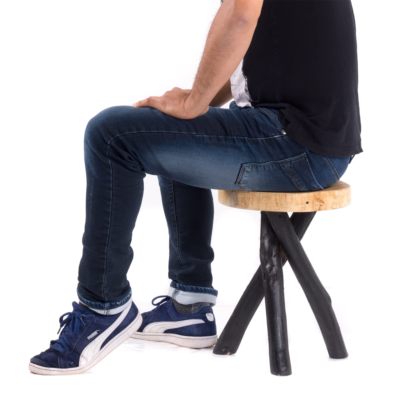 Sgabello In Teak Massiccio 41x34 Cm - Design Rustico Vintage - Tre Piedi - Usato Come Tavolino O Poggiapiedi - Foto 11