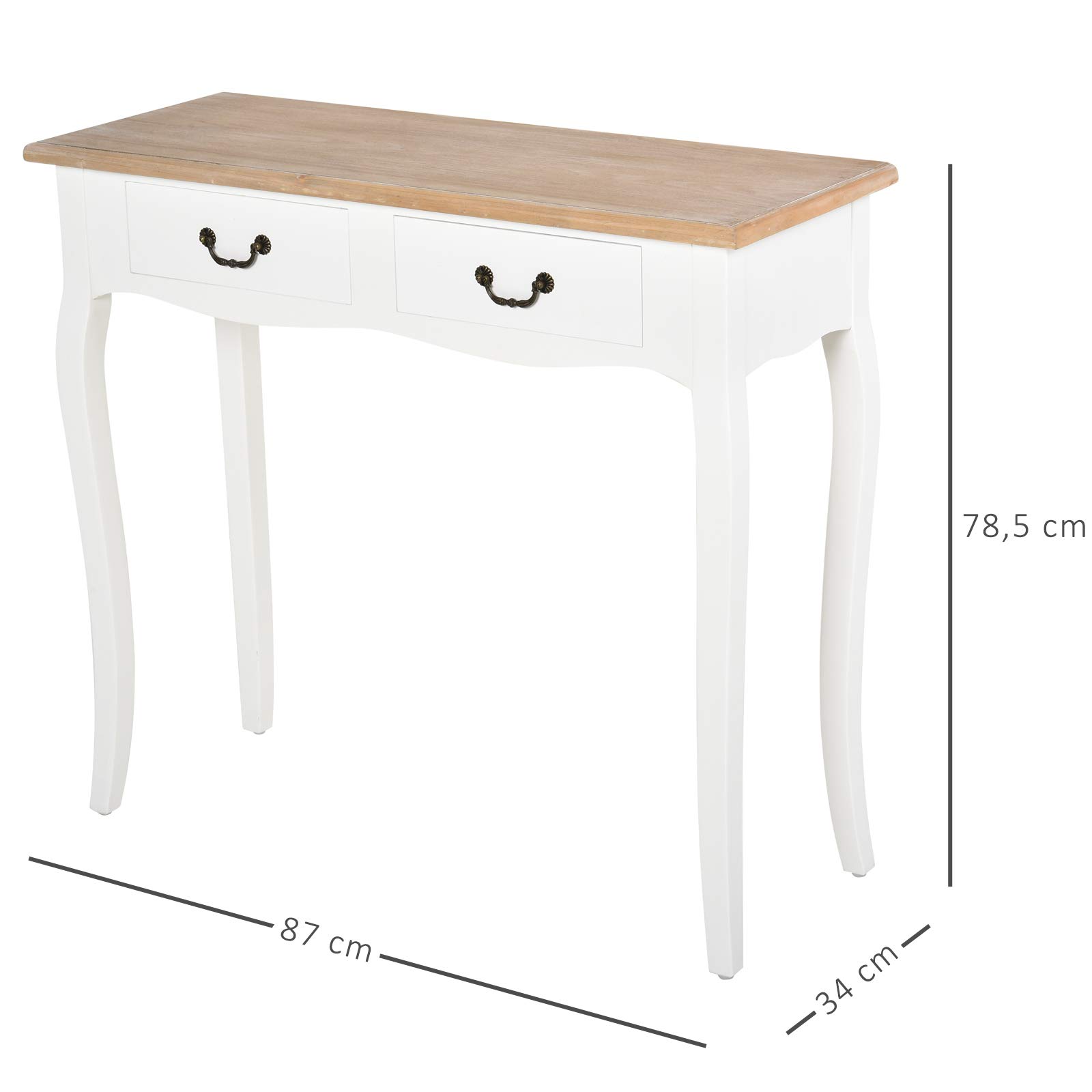 HOMCOM Table Console Style Mexicain 2 Tiroirs 87L x 34l x 78H cm Blanc | Table d'Entrée, Bout de Canapé, MDF Bois Massif Pin Clair, Meubles de Salon