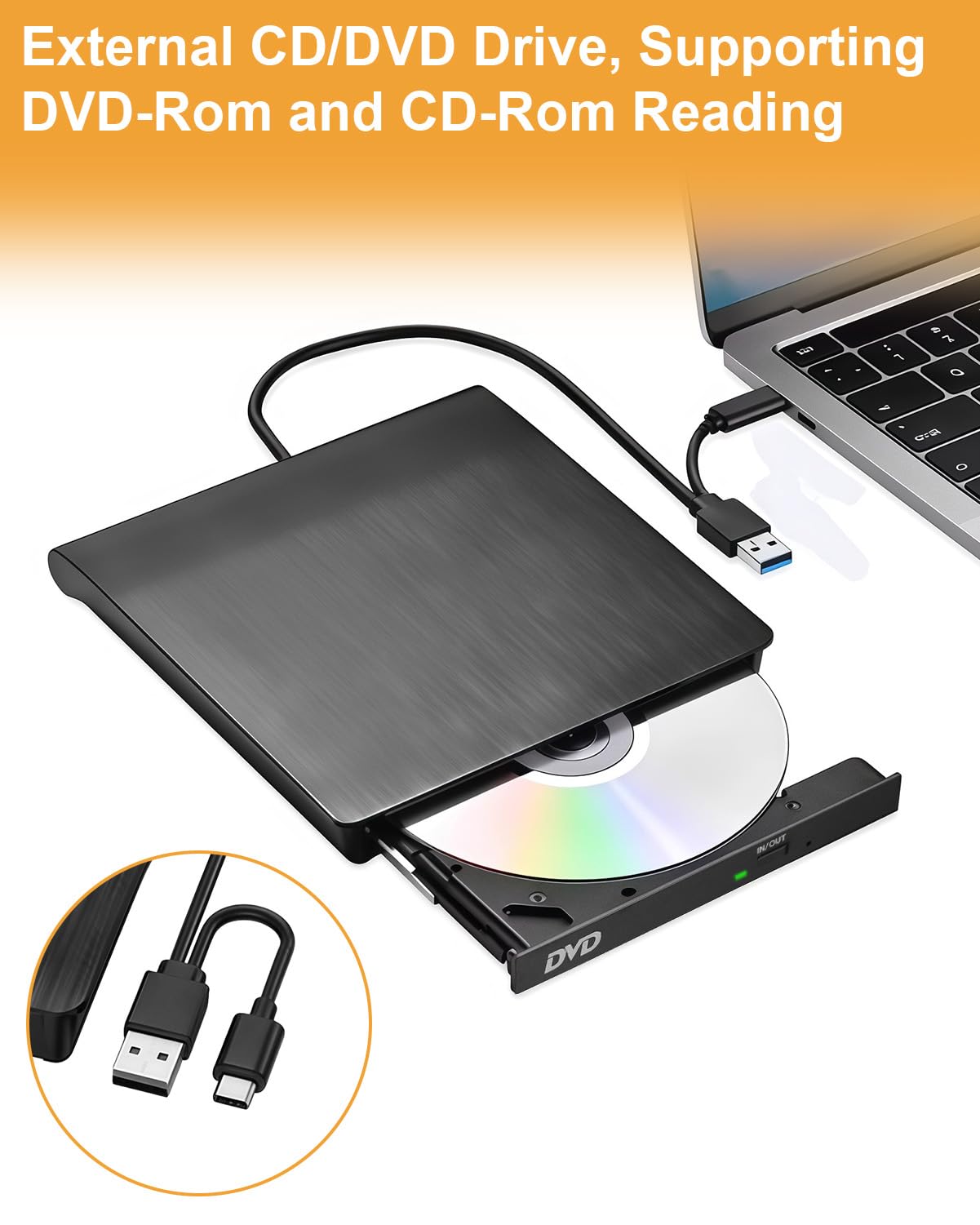 External CD DVD Drive USB Portable Tray Loading Optical Drive DVD-ROM CD-ROM Reader for Laptop Desktop All-in-One Computer Compatible with Windows and Mac OS Black Brushed Dual Cable Design — view 4