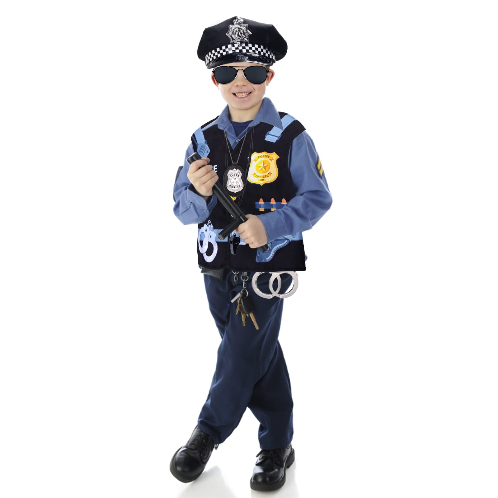Keymall Kids Police Costume Set-7 Pcs Police Officer Dress Up for boys-Hat,Vest, Badge,Whistle,Sunglasses,Handcuff,Baton (Set B)