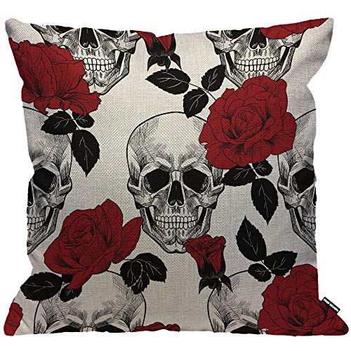 HGOD DESIGNS Housse de coussin tête de mort avec rose rouge, taie d'oreiller décorative pour homme/femme, salon, chambre à coucher, canapé, chaise, 45 x 45...