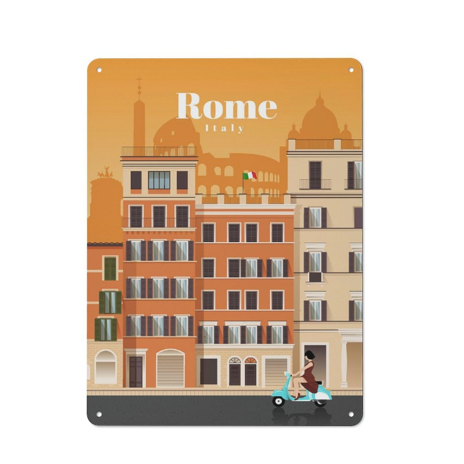 Junmoney Travel To Rome Tin Wall Plaque 40X30cm With For Garage Or Workshop, For Living Room, Hallway And Entrance Wall Decor
