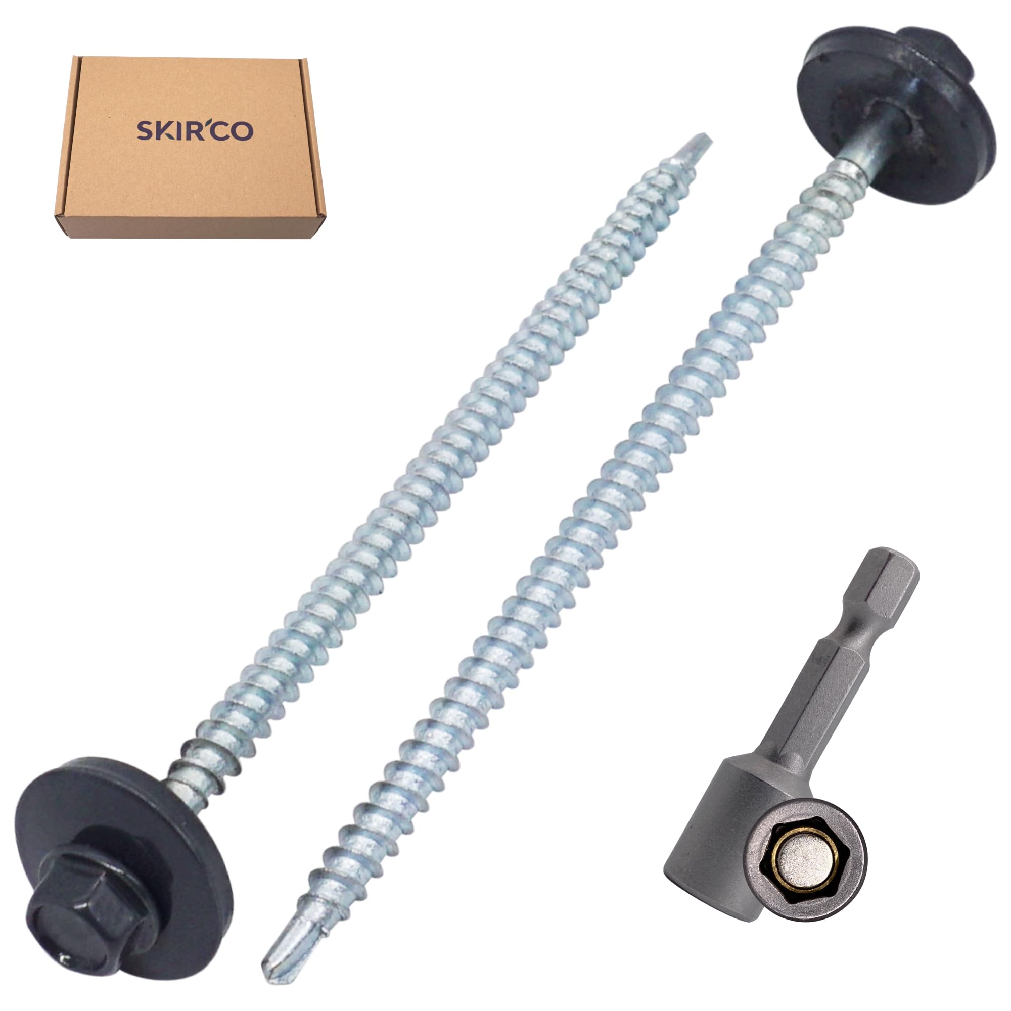 SKIR'CO (100 pcs) Painted Roofing Screws 4.8 x 100 mm, Hex Head, Self-Drilling Screws With EPDM Washers (Anthracite Grey, RAL 7016) - Image 2