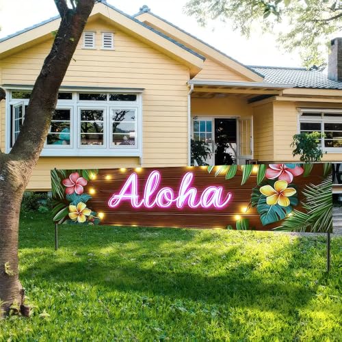 Image of 78.7 x 17.7 Inch Aloha Banner Hawaiian Luau Party Decorations Tropical Summer Yard Decorations Wood Floral Fence Sign Seasonal Outdoor Decor