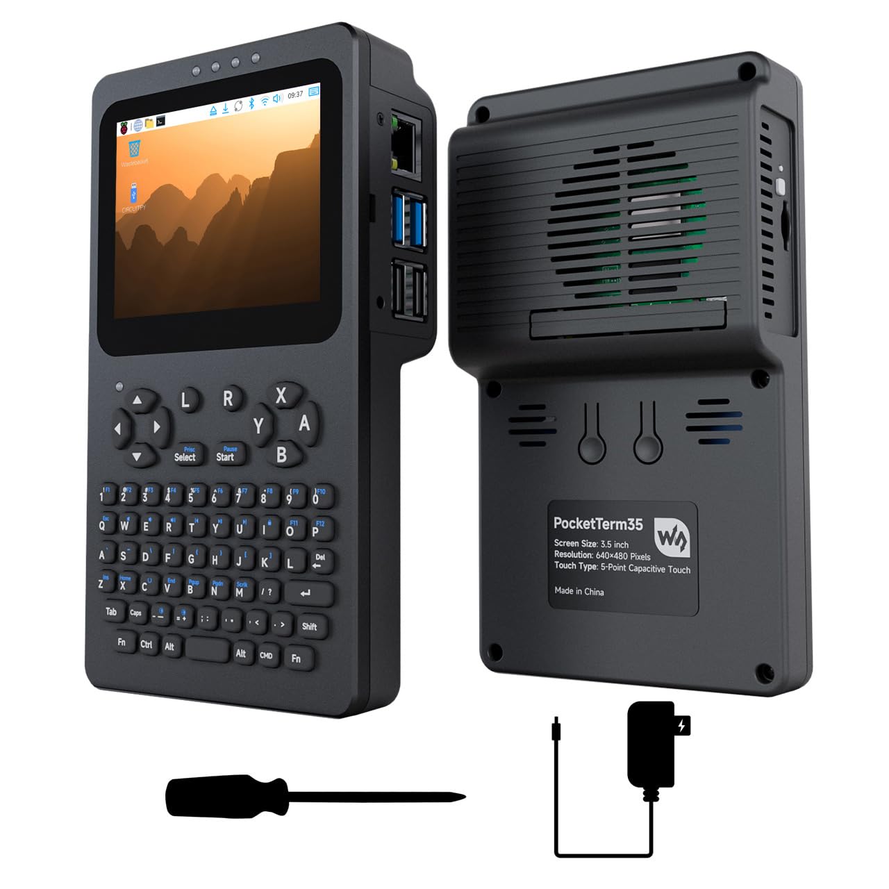 Waveshare Portable Handheld Linux Terminal with 3.5inch Touch Display, 640 × 480, Optical Bonding, Compatible with Pi 4B/5 Portable Development and Debugging Devices, PocketTerm35-Pi5 Host