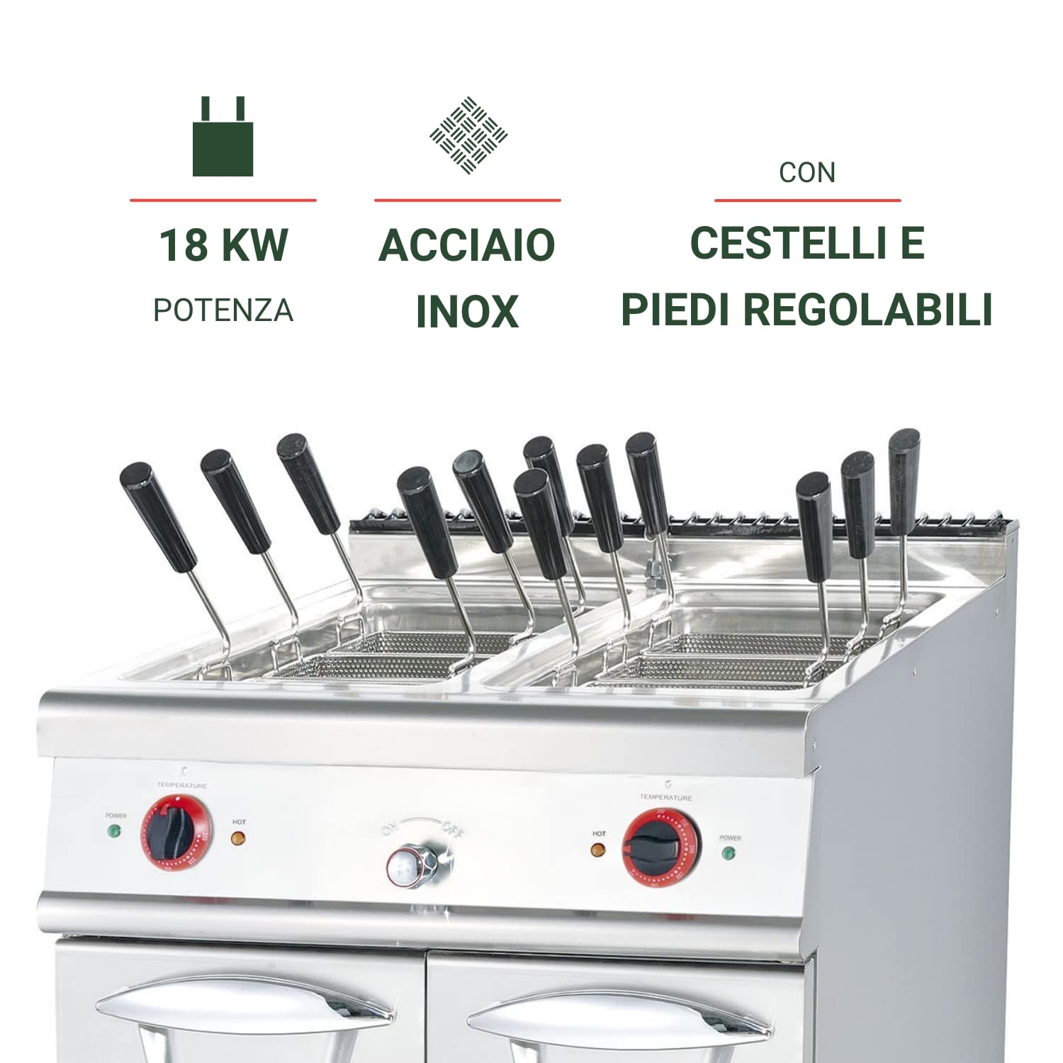Ristoattrezzature Cuocipasta Elettrico su Vano Chiuso - Acciaio Inox - 2 vasche - Capacità di 24+24 litri S/70-80x70 cm