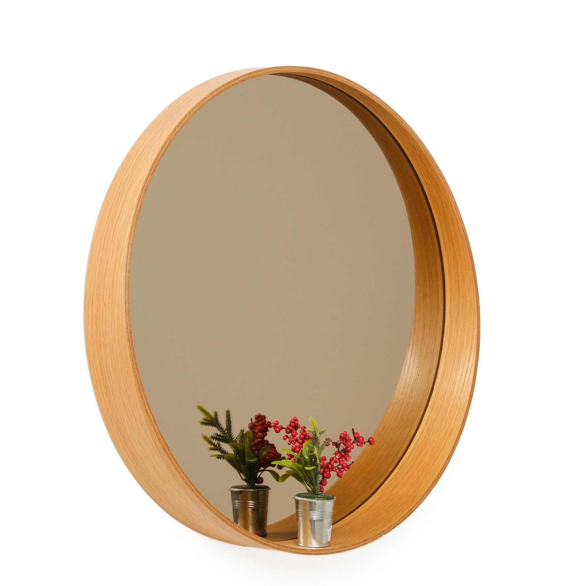 Mareluxe Premium Round Deep Frame Wood Wall Mirror | Handcrafted Solid Oak or Walnut | Scandi Minimalist Circular Mirror with Ledge for Hallway, Bathroom, Living Room (50 x 50 cm, Walnut Bias)