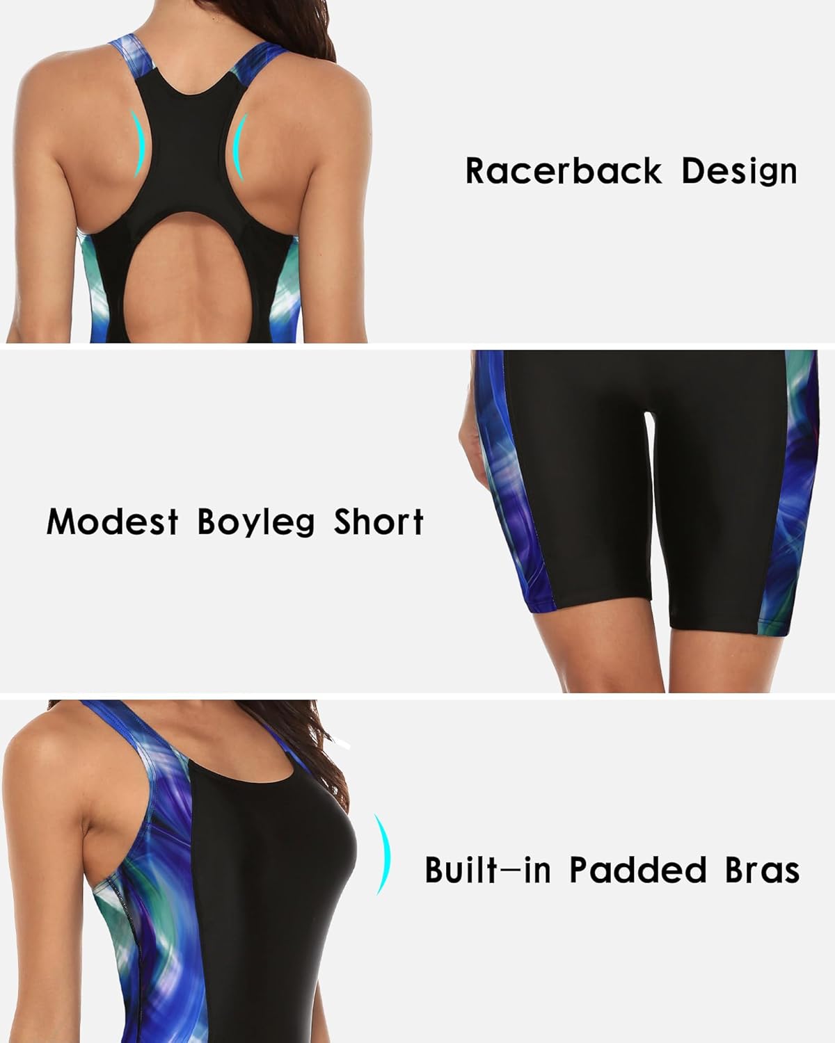 beautyin Women's Boyleg Unitard Swimsuits Racerback Athletic One Piece Bathing Suits Knee Length Bodysuits - Image 3