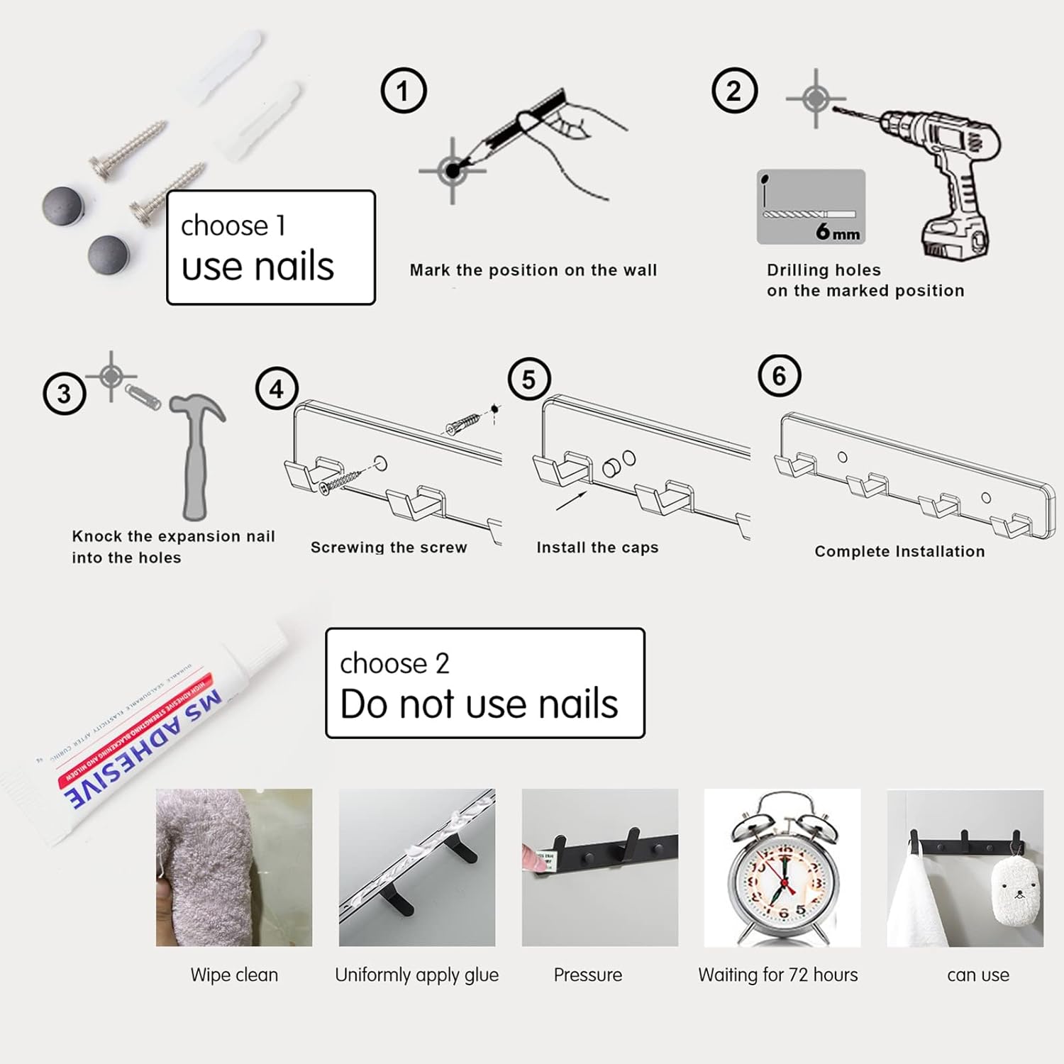 5 Hooks Matte White Bathroom Towel Hooks Mounted Wall Adhesive Heavy Duty Farmhouse Bath Coat Stick on Rack Hat Wall Hook Sticky White Kitchen Robe Rack Coat Hook White 5 Hooks Rack Towel for Bathroom