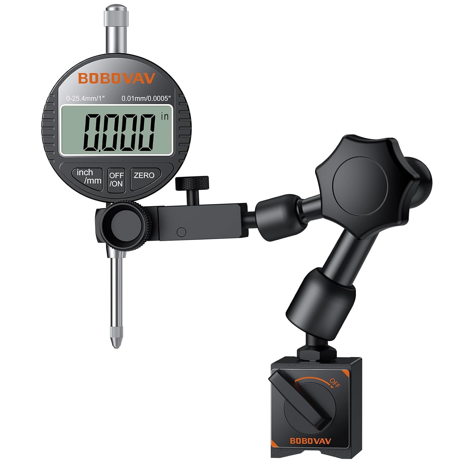 Digital Dial Indicator with Magnetic Base Set, 0-1inch/ 25.4mm Range, 0.0005inch/ 0.01mm, 90Lbs/40kg Stand with Plastic Storage Box for Machining Calibration Inspection