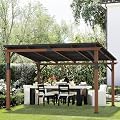 LUE BONA 12x14 ft Hardtop Gazebo, Lean to Gazebo with Wood-Like Aluminum Frame, Outdoor Pergola Metal Roof Gazebo, Outdoor Permanent Galvanized Steel Gazebo Pavilion for Deck, Patio, Backyard