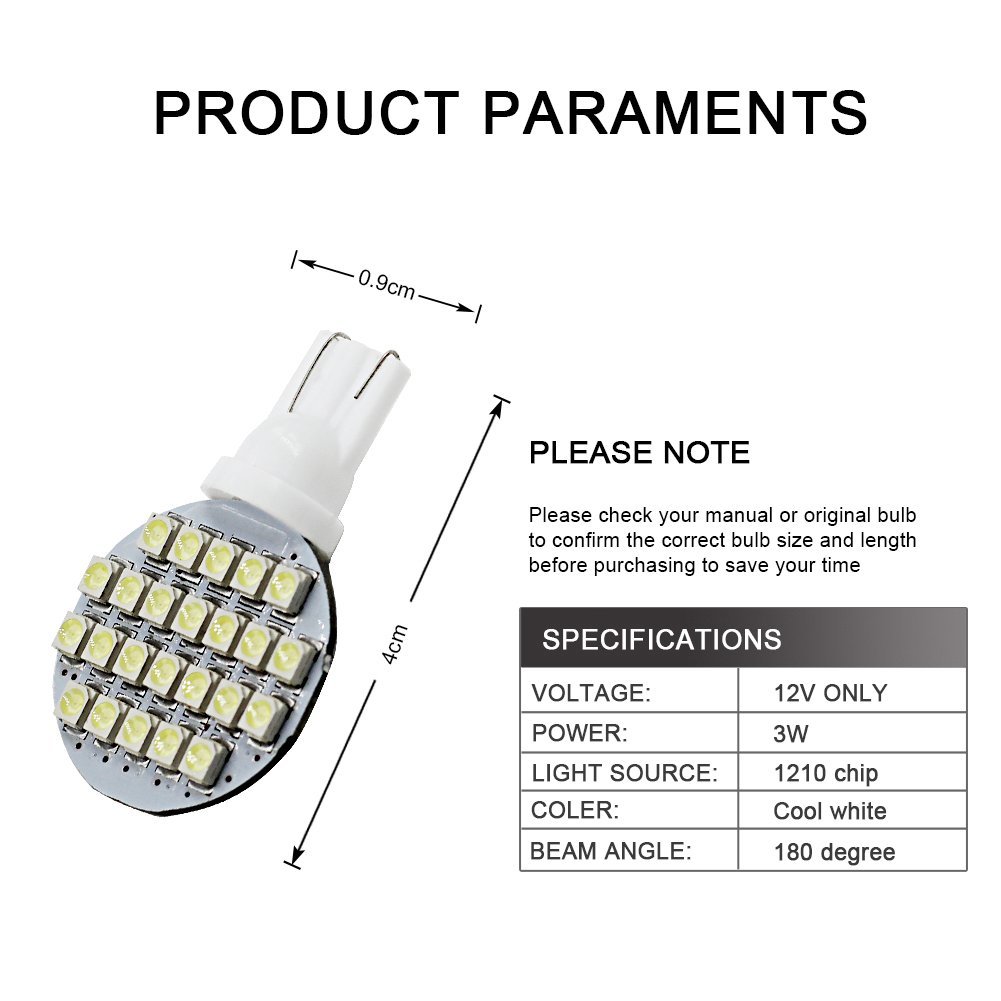 Yolu 10-Pack T10 LED Cool White 24-SMD 1210 T10 W5W LED Bulbs Super Bright Interior Replacement Side Lights 168 194 2825 Wedge Bulbs for 12V License Plate Dashboard Side Marker Light Map Dome Lamp