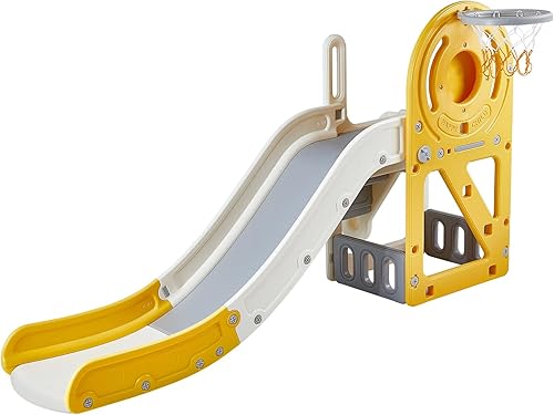 Miniatura 9 de Happybuy Tobogán para niños de 1 a 3 años con escaleras escalables, aro de baloncesto y espacio de almacenamiento, juego para interiores y