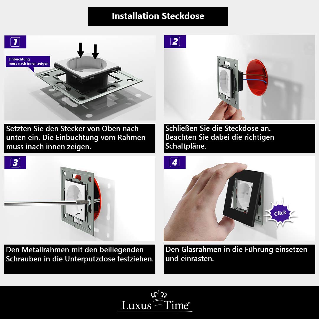 Luxus-Time 3-fach Rahmen mit 2x Touch Lichtschalter und Schuko Steckdose für Unterputz Einbau Doppelschalter Sensor Schalter (Alurahmen 2x Lichtschalter + Steckdose, Weiß)