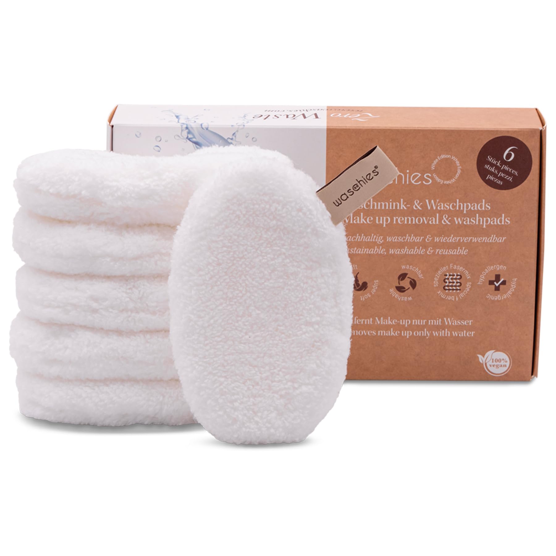 Waschies Reusable Makeup Remover & Face Cleansing Pads, Pack of 6 in White, Washable, Soft & Hypoallergenic