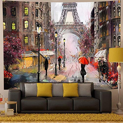 QCWN Oil Painting Paris Eiffel Tower Tapestry Wall Decor Abstract People Under Rain Paris City Street Eiffel Tower Art Design Wall Hanging Large Tapestry for Bedroom Living Room Dorm.Multi 91x58Inc