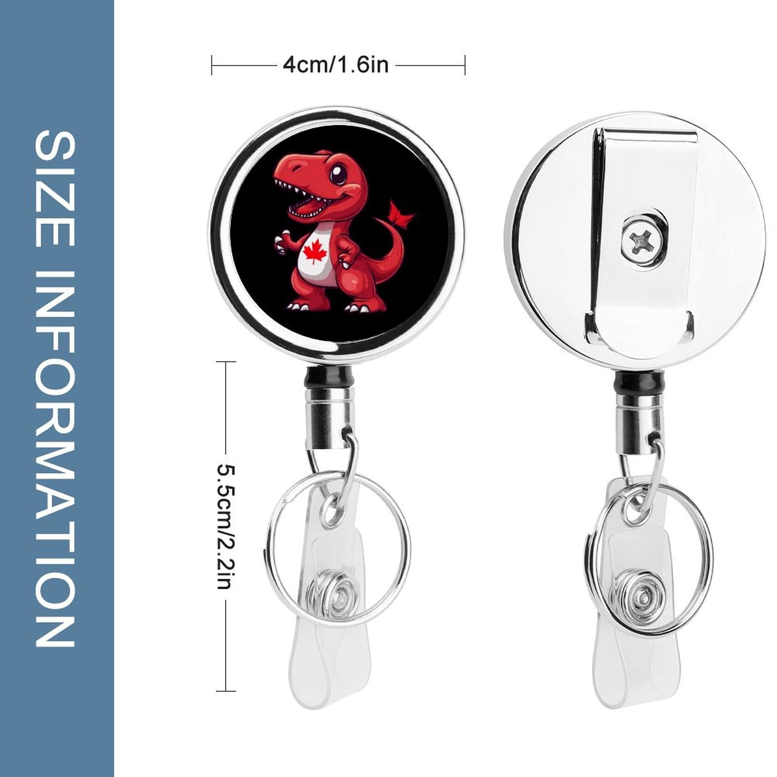 Red Dinosaur Canada Flag Retractable Badge Holder Metal ID Name Holder Key Ring with Belt Clip