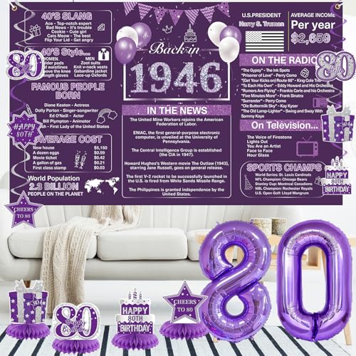 Image of Crenics Purple 80th Birthday Decorations for Women - Back in 1946 Backdrop, Banner, Swirls, Centerpieces, Sash, Paper Pom Poms, Cake Topper and Balloons for 80 Birthday Party Supplies