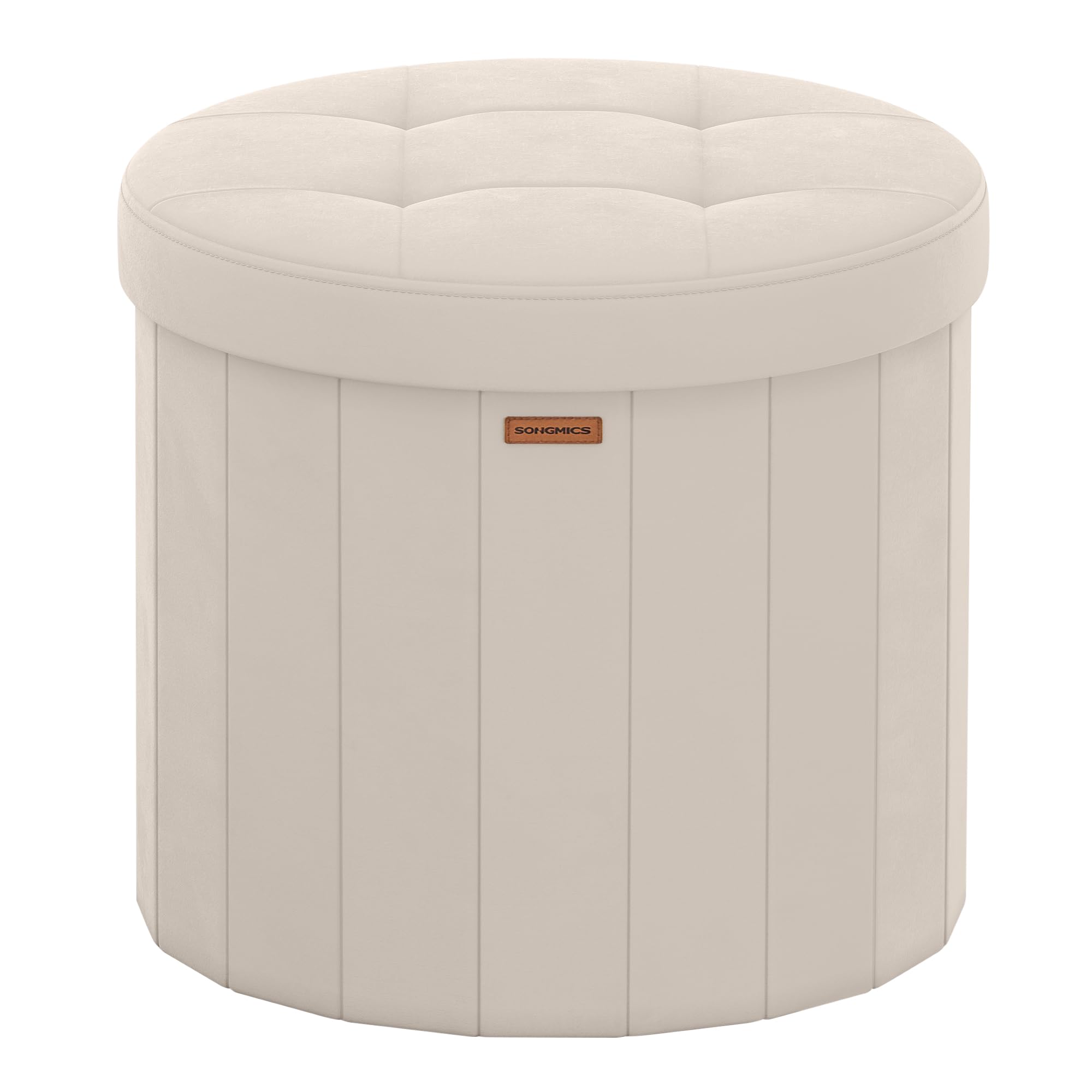 SONGMICS MAZIE Collezione - Pouf Contenitore Rotondo, Sgabello Poggiapiedi Pieghevole con Coperchio, Cassapanca, Montaggio Facile, Velluto per Camera, Soggiorno, Ingresso, Beige Cappuccino LSF608L01