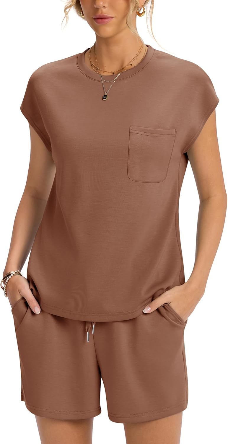 LOMON Two Piece Shorts Sets for Women Vacation Trendy Lounge Sets Crew Neck Matching Sets Cap Sleeve Airport Suits - Image 3