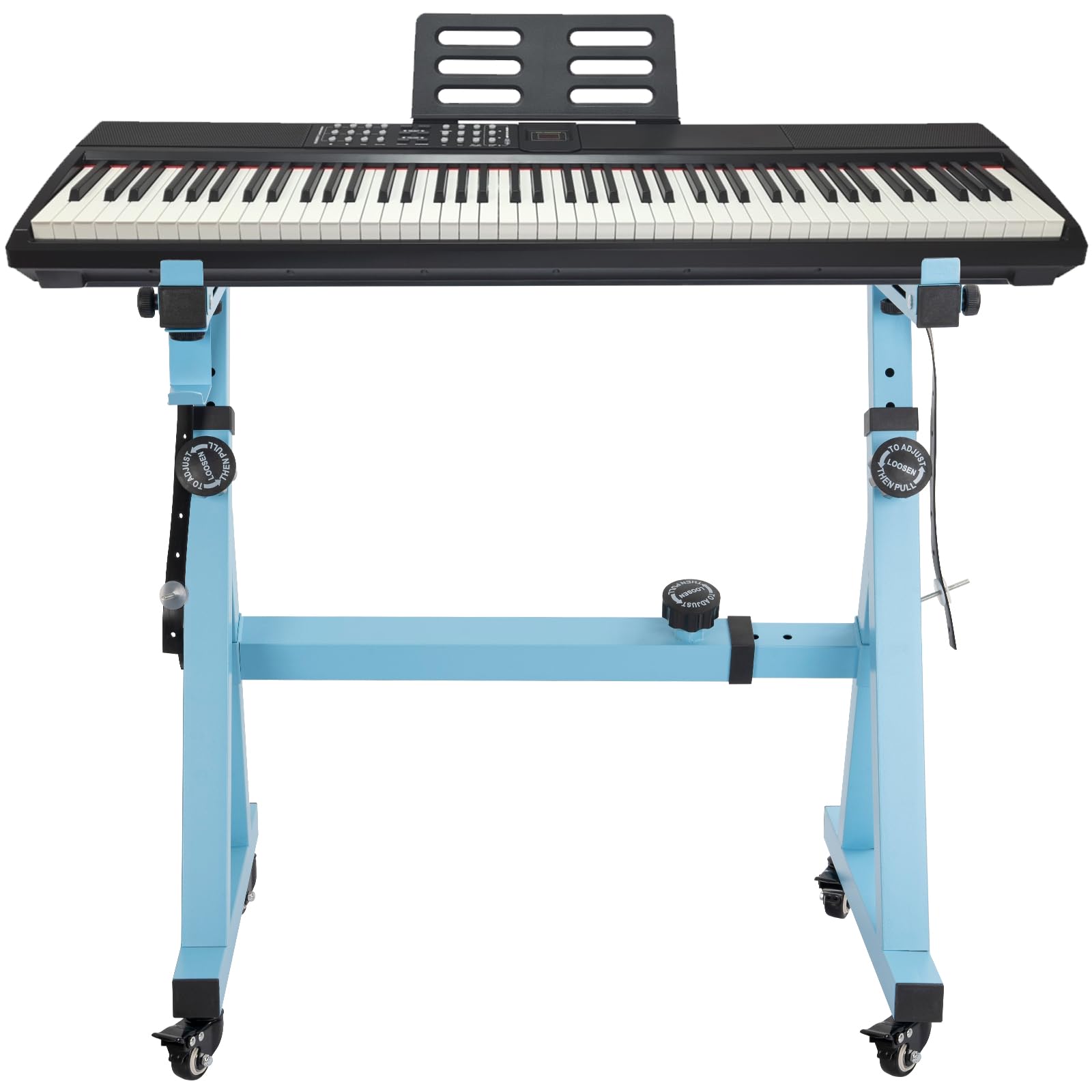 OUUTMEE Support de Clavier Piano en Forme de Z, Support pour Piano Numérique Réglable en Hauteur et Largeur avec 4 Roues, Convient aux Claviers Électrique à 54-88 Touches (Bleu)