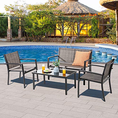 Image of Vongrasig 4-Piece Modern Metal Textilene Patio Furniture Set - Small, Taupe with Loveseat & Glass Table for Lawn, Garden, Porch, Balcony, Backyard (Taupe)