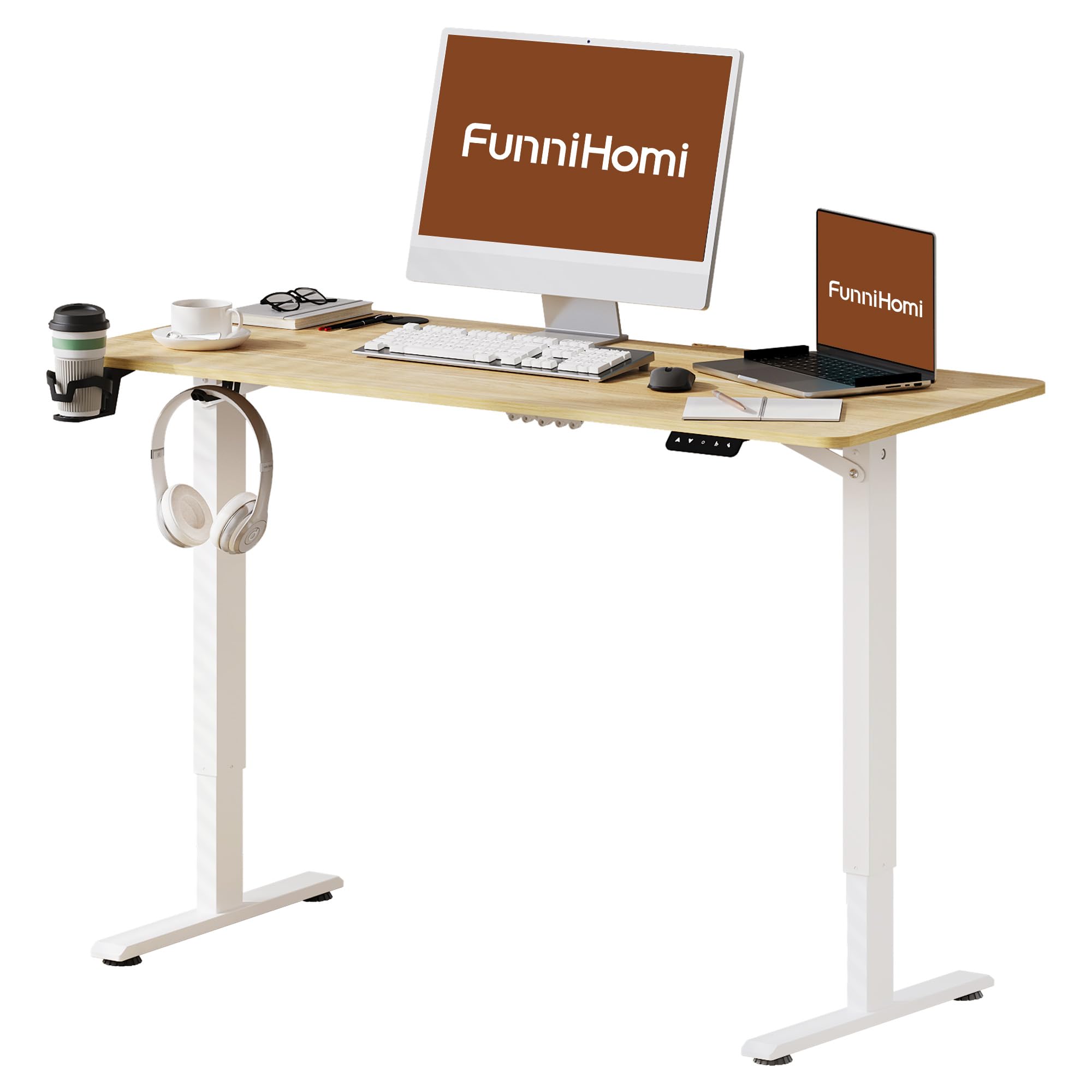 FunniHomi 2025 Standing Desk, Electric Height Adjustable Table Smart Home Office Desk Workstation Study Low Noice Heavy Load with Sit Stand Smart Memory Customized Setting Gaming Desk (140x60cm)