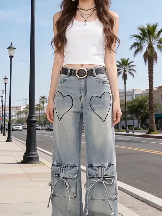 kakarin choyx Fashion High Waist Baggy Jeans Y2K Heart Pattern Tie