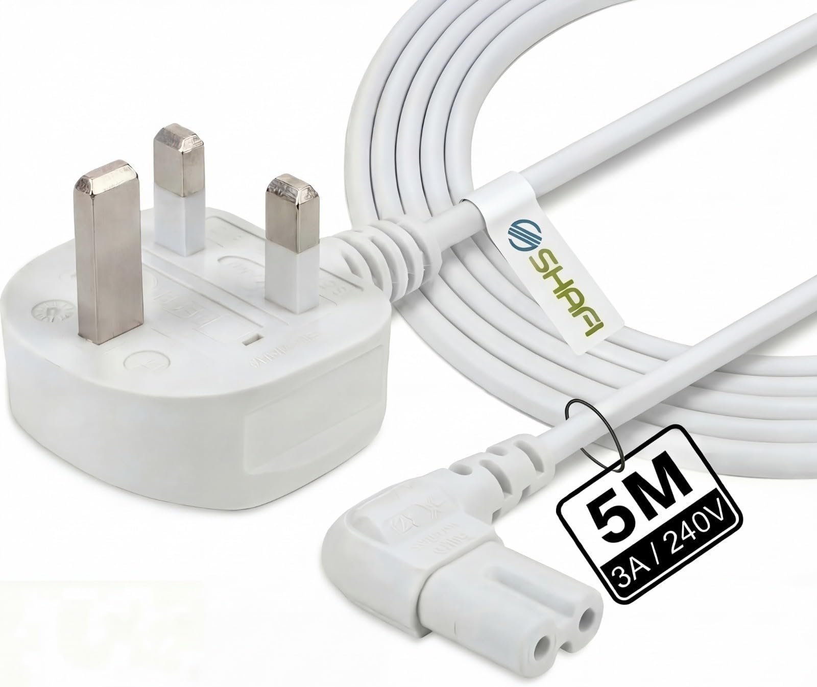SHAFI Figure 8 Power Lead White 5M - 2-Pin 90 Degree Angle IEC C7 Universal UK Plug Power Cable - Compatible Figure 8 cable for PS5, Xbox Series X, Smart LED TV, Samsung TV, LG TV, Sony TV