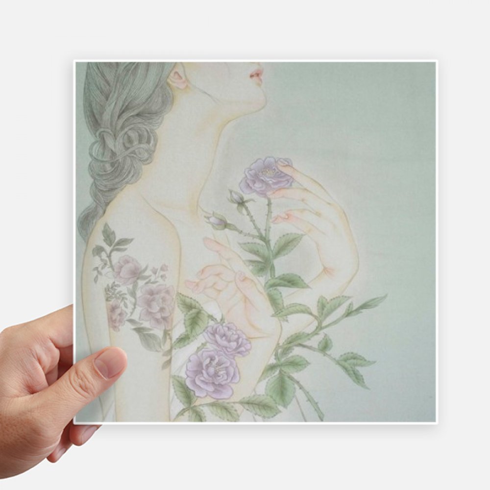 Autocollant fleur pourpre peinture chinoise sticker carré 20 cm pour déco ordi et valise