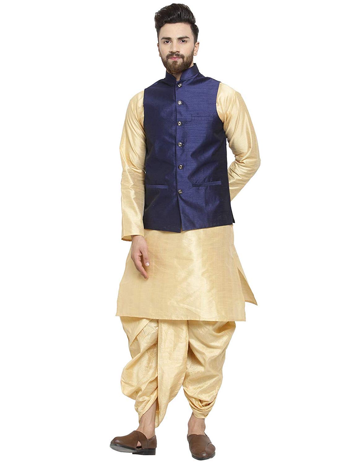 Men's Silk Blend Kurta Dhoti & Nehru Jacket Set