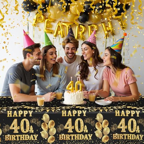 Image of Labeol 3 Pack 40th Birthday Tablecloth, Black and Gold Happy 40th Birthday Decorations, Disposable Plastic Rectangular Table Cover Party Supplies for Men Women