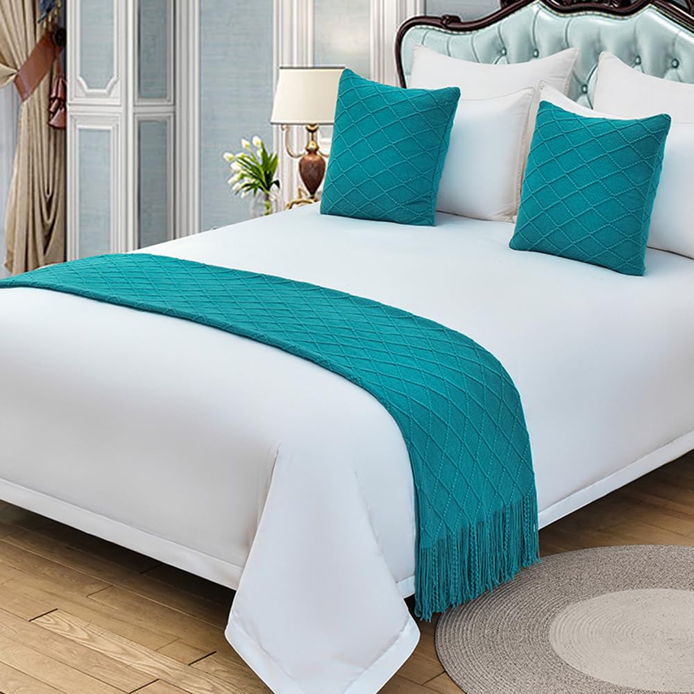 QRGMKL Solid color Knitted Bed Runner Bedspread Diamond Pattern Bed Scarf Luxury Blanket Bedding Decor Premium Sofa Towels for Bedroom and Hotel-Lake Blue||220X60cm for 1.5m Bed