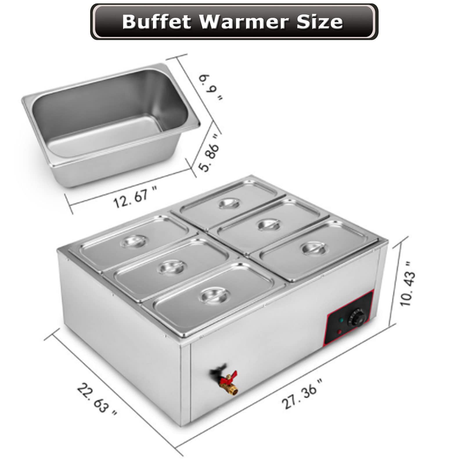 Calentador Alimentos eléctrico 6 bandejas, Servidor Buffet Mesa 7 l, 850 W con Tapas, Calentador Platos, Control Temperatura, Plato para Calentar Alimentos, Calentador Alimentos con Carrito Acero