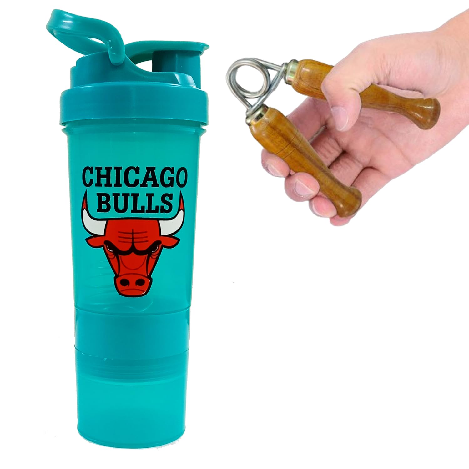 Bulls Gym Shaker Bottle with 2 Storage Compartments With Wooden Hand Gripper - Shaker for Protein Shakes and Gym Workouts, BCAAs & BPA Free, 500 ml Shaker bottle (Green)-image-11