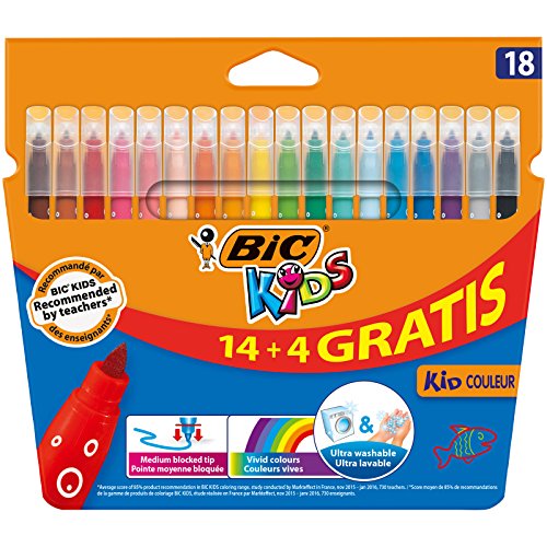 BIC Kids Kid Couleur - Blíster de 14 + 4 rotuladores de colorear para aprendizaje, multicolor