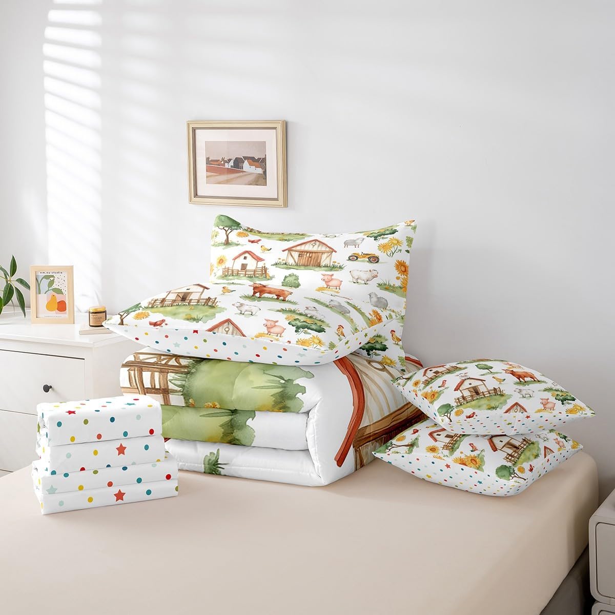 Feelyou Kids Cute Pig Cow 7 Pieces Bedding Set Full Size, Farm Animal Bed in A Bag Boys Girls Cartoon Farm Nursery Comforter Set with Sheets Rustic Farmhouse Teens Bed Set Bedroom Decor 7Pcs
