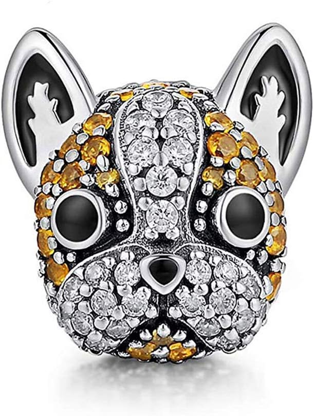 Ginger Lyne Collection French Bulldog Frenchie Boston Terrier Brown or Black Dog Charm for Bracelet or Necklace Round European Bead Sterling Silver CZ Cubic Zirconia