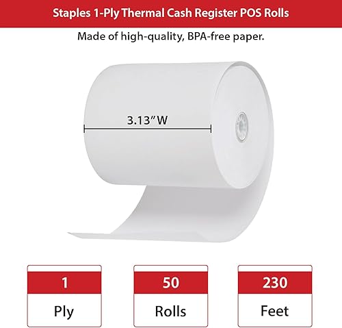Miniatura 5 de Staples 386659 Rollos térmicos de caja registradoraposición 3 18 pulgadas x 230 pies 50cartón (18296-Cc)