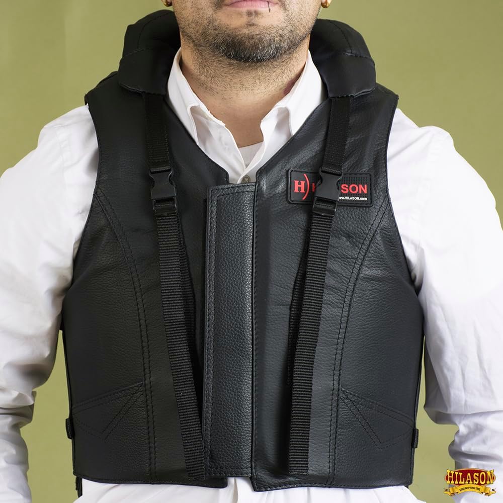 HILASON Safety Tall Collar Bull Riding Vest Protective Leather Black |Equestrian |Unisex |Rodeo