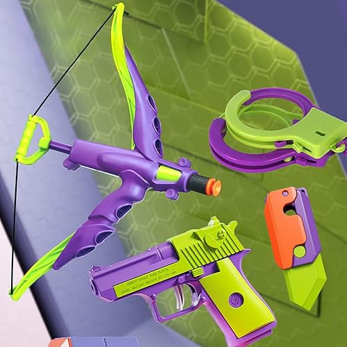Miniatura 2 de Juego de 4 juguetes de rábano 3D, cuchillo para ansiedad, pistola antiestrés, arco y flecha para niños, esposas falsas, juguetes para niños de 3 a 5